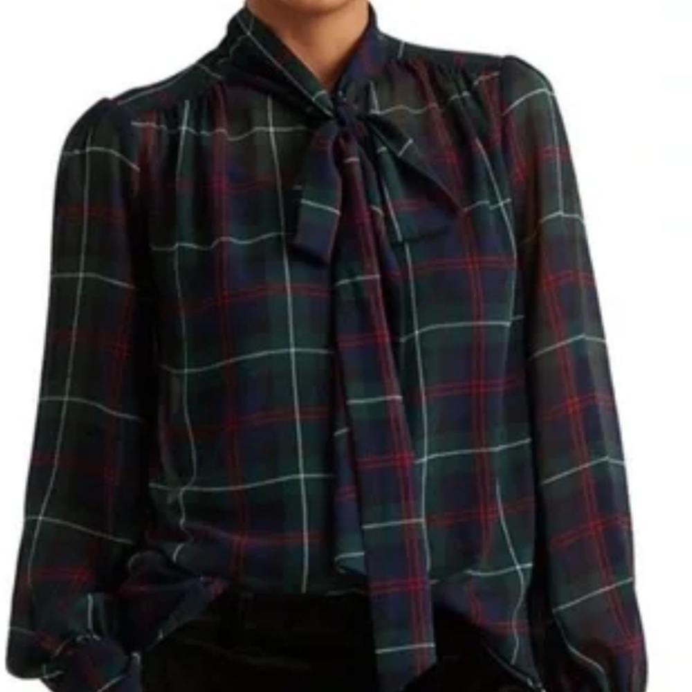 Plaid Navy Blouse with Bow Tie